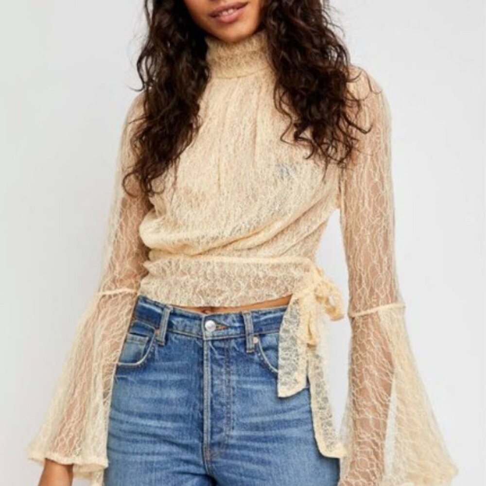 Free People Cream/Yellow Sheer Lace Rule Breaker Bell Sleeve Blouse Size S